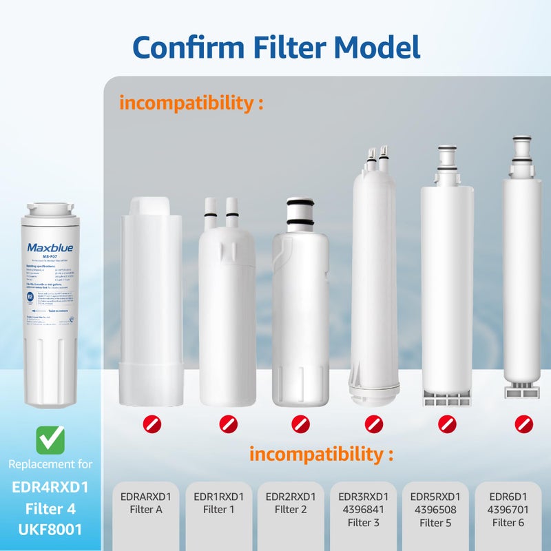 Maxblue UKF8001 Refrigerator Water Filter  Replacement for Maytag UKF8001  EDR4RXD1  EveryDrop Filter 4  Whirlpool 4396395  UKF8001AXX-200  Kenmore 469006  469992  Puriclean II  Pack of 1 - Image 2